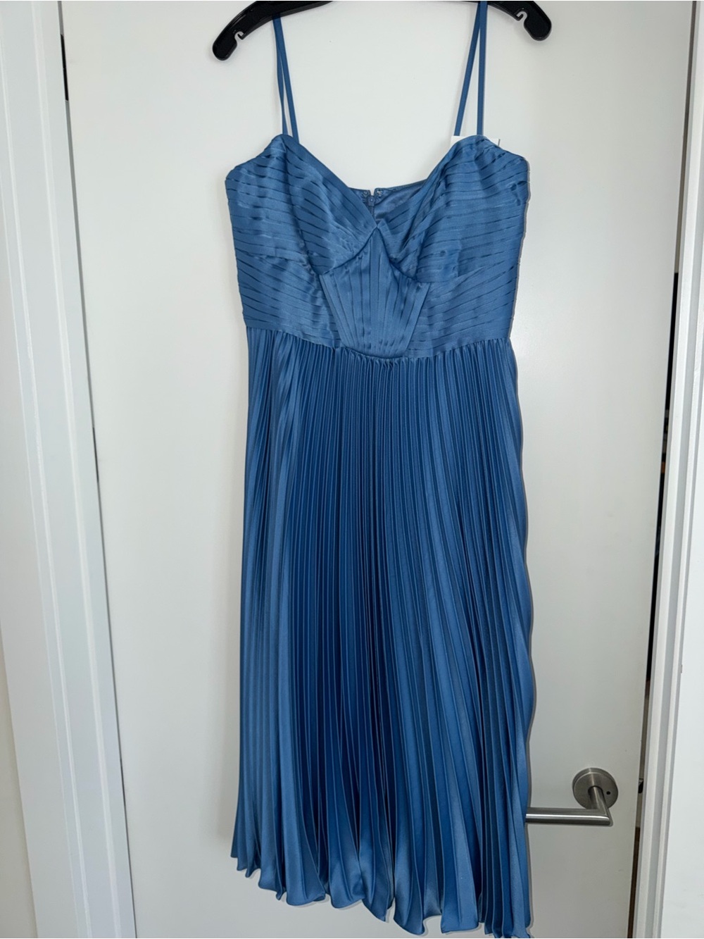 Theia Dusty Blue Pleated Midi Dress